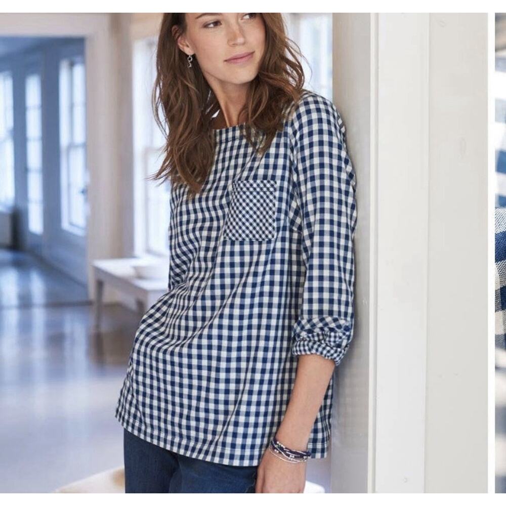 J Jill Shirt Top Size XL White Blue Cotton Pocnic Plaid Popover Coastal LS